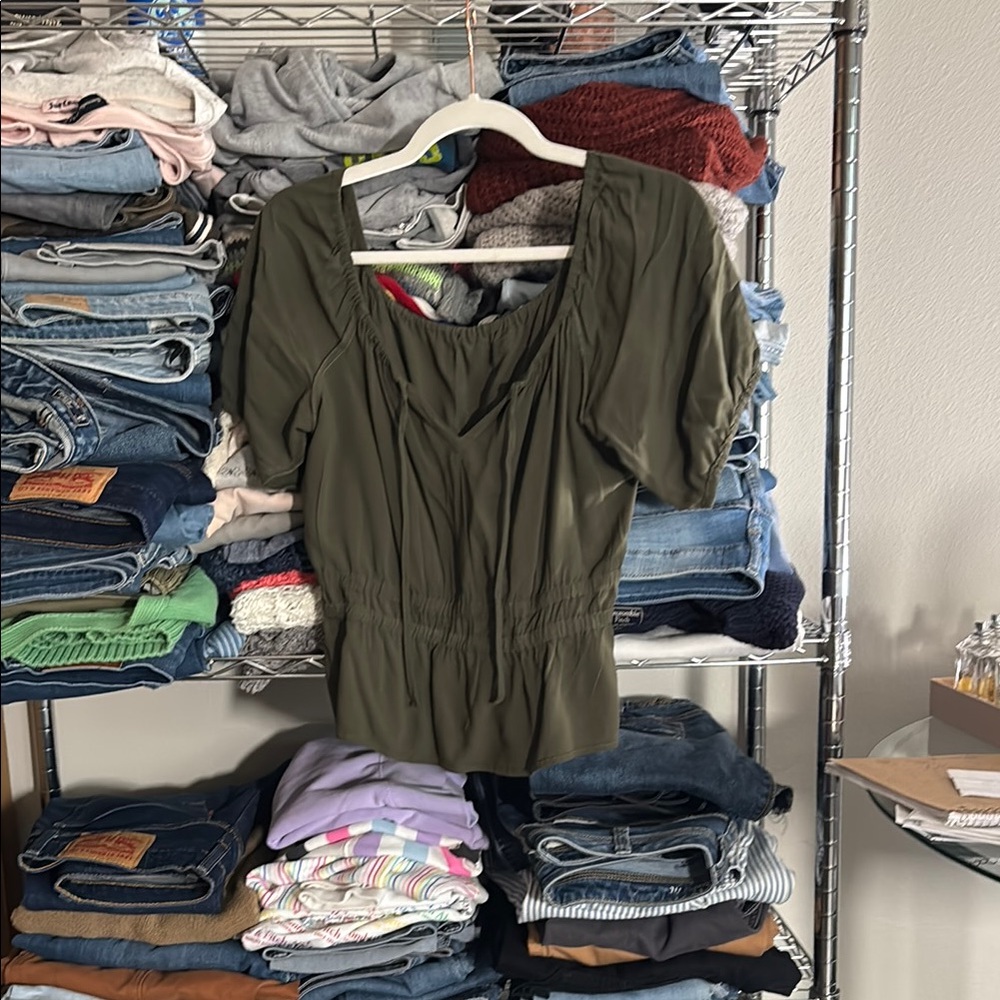Abercrombie & Fitch Green Puff Sleeve Fitted Blouse